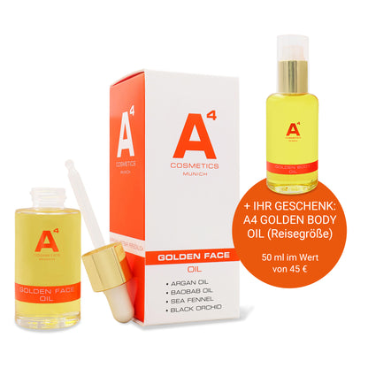 A4 Golden Face Oil | mit gratis Golden Body Oil (50ml Reisegröße)
